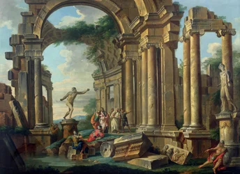 Un caprice architectural avec des statues du guerrier Agasias et de l